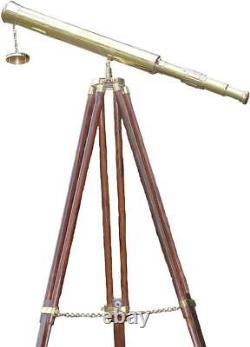 A Shiny Brass Nautical Single Barrel Telescope Wooden Tripod Ideal Home Decor