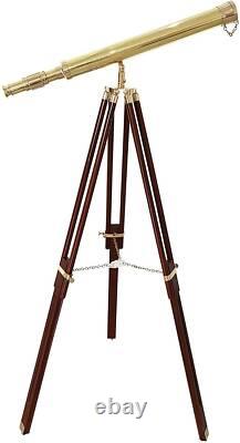A Shiny Brass Nautical Single Barrel Telescope Wooden Tripod Ideal Home Decor
