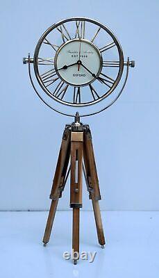 Adjustable Clock Wooden Tripod Stand Desk Antique Brass Nautical Marine Décor