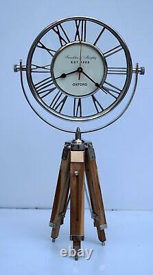 Adjustable Clock Wooden Tripod Stand Desk Antique Brass Nautical Marine Décor