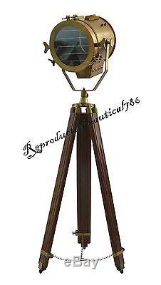 Adjustable Wooden Nautical Tripod Spot Light Floor Lamp Vintage Searchlight E 27