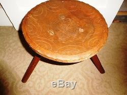 Antique Authentic African Hand Carved Wooden Seat Table Stool Tripod Base Vtg
