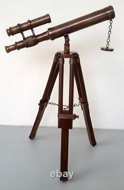 Antique Brass 14 Telescope With Wooden Tripod Stand Victorian Vintage Tabletop