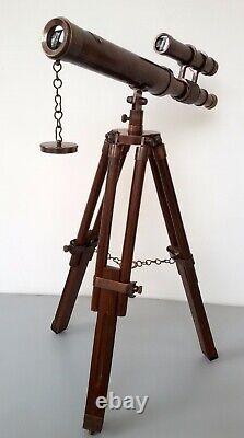 Antique Brass 14 Telescope With Wooden Tripod Stand Victorian Vintage Tabletop