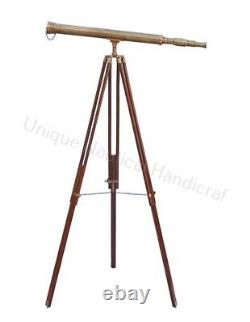 Antique Brass Brown Vintage 32 Inch Telescope With Brown Wooden Tripod Stand