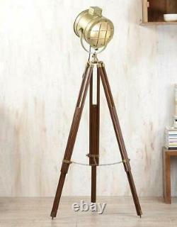 Antique Brass Designer Spotlight Floor Lamp Wooden Tripod Vintage Home Décor