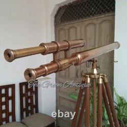 Antique Brass Double Barrel Maritime Telescope With Brown Wooden Tripod Stand