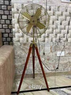 Antique Brass Electric Floor Fan with Wooden Tripod Stand Handmade Floor Fan