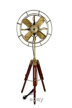 Antique Brass Electric Pedestal Fan With Wooden Tripod Stand Vintage Designer