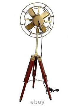 Antique Brass Electric Pedestal Fan With Wooden Tripod Stand Vintage Designer