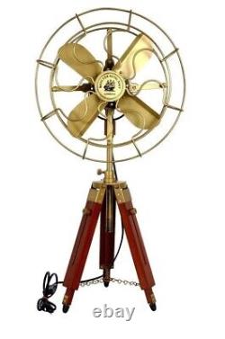 Antique Brass Electric Pedestal Fan With Wooden Tripod Stand Vintage Designer