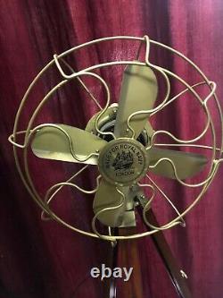 Antique Brass Fan With Wooden Tripod Stand Working Nautical For Home Office Use