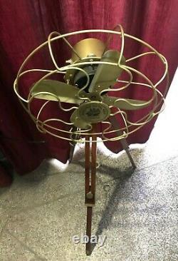 Antique Brass Fan With Wooden Tripod Stand Working Nautical For Home Office Use