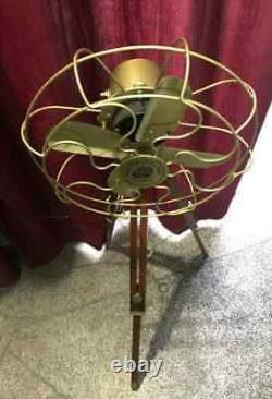 Antique Brass Fan With Wooden Tripod Stand Working Nautical For Home Office Use