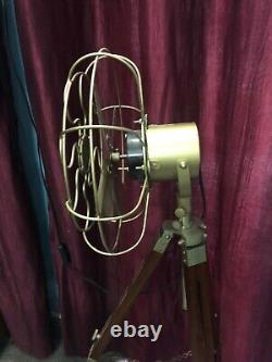 Antique Brass Fan With Wooden Tripod Stand Working Nautical For Home Office Use