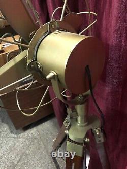 Antique Brass Fan With Wooden Tripod Stand Working Nautical For Home Office Use