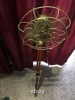 Antique Brass Fan With Wooden Tripod Stand Working Nautical For Home Office Use