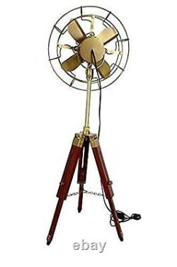 Antique Brass Fan With Wooden Tripod Stand Working Nautical For Home Office Use