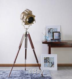 Antique Brass Finish Tripod Vintage Spotlight Retro Studio Wooden Floor Lamp