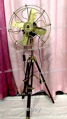 Antique Brass Floor Fan Vintage Style With Wooden Tripod Stand x-mas gift