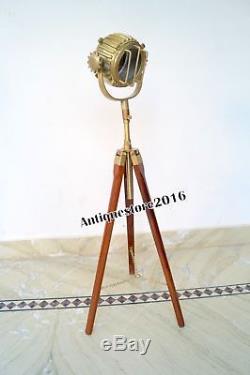 Antique Brass Marine Spot light Vintage Decorative Floor Lamp With Wooden Tripod