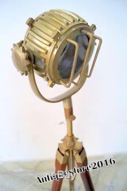 Antique Brass Marine Spot light Vintage Decorative Floor Lamp With Wooden Tripod