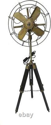 Antique Brass Pedestal Fan with Wooden Tripod Floor Stand