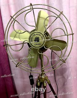 Antique Brass Pedestal Floor Fan Vintage Style With Wooden Tripod Stand Decor