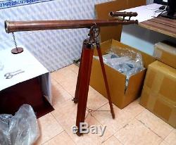 Antique Brass Spyglass Nautical Vintage Telescope Wooden Tripod Stand Gift Item