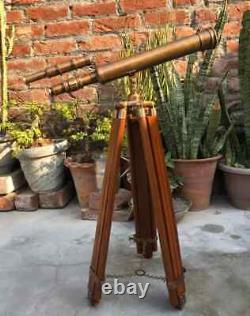 Antique Brass Telescope 18 With Wooden Tripod Stand Nautical Floor Standing