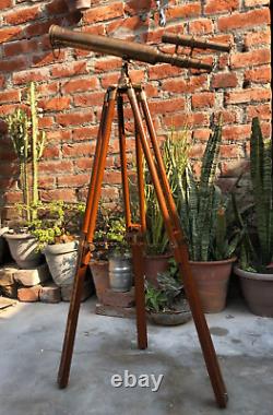 Antique Brass Telescope 18 With Wooden Tripod Stand Nautical Floor Standing