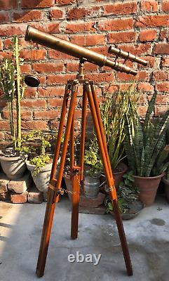 Antique Brass Telescope 18 With Wooden Tripod Stand Nautical Floor Standing