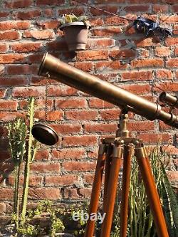 Antique Brass Telescope 18 With Wooden Tripod Stand Nautical Floor Standing