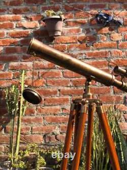 Antique Brass Telescope 18 With Wooden Tripod Stand Nautical Floor Standing