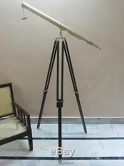 Antique Brass Telescope With Wood Tripod Stand Vintage Nautical Marine Decor