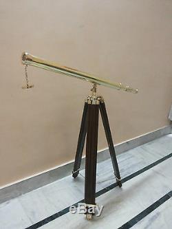Antique Brass Telescope With Wood Tripod Stand Vintage Nautical Marine Decor