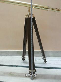 Antique Brass Telescope With Wood Tripod Stand Vintage Nautical Marine Decor