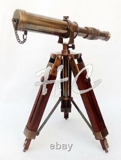 Antique Brass Telescope With Wooden Tripod Stand Collectible Desk Decor Nautical