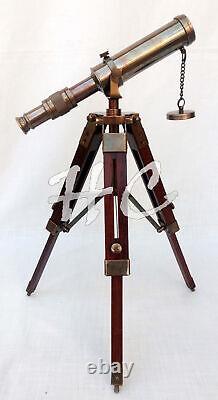 Antique Brass Telescope With Wooden Tripod Stand Collectible Desk Decor Nautical