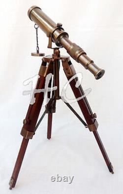 Antique Brass Telescope With Wooden Tripod Stand Collectible Desk Decor Nautical