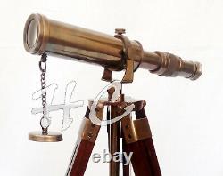 Antique Brass Telescope With Wooden Tripod Stand Collectible Desk Decor Nautical