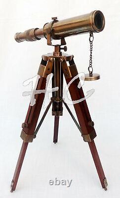 Antique Brass Telescope With Wooden Tripod Stand Collectible Desk Decor Nautical