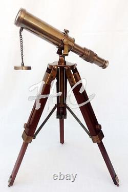 Antique Brass Telescope With Wooden Tripod Stand Collectible Desk Decor Nautical