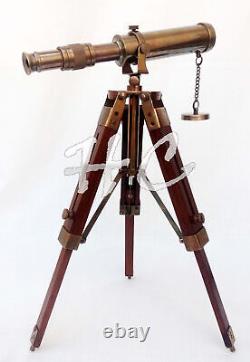 Antique Brass Telescope With Wooden Tripod Stand Collectible Desk Decor Nautical