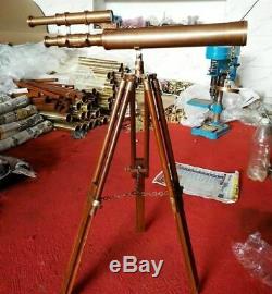 Antique Brass Telescope With Wooden Tripod Vintage Marine US Navy Gift