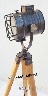 Antique Bronze Nautical Searchlight Floor Lamp Spotlight Teak Wooden Tripod