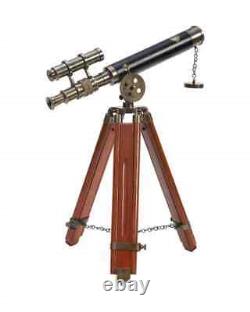 Antique Brown Brass and Leather Double Barrel Telescope on Wooden Tripod, Brass