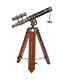 Antique Brown Brass And Leather Double Barrel Telescope On Wooden Tripod, Brass