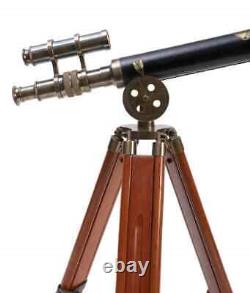 Antique Brown Brass and Leather Double Barrel Telescope on Wooden Tripod, Brass