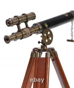 Antique Brown Brass and Leather Double Barrel Telescope on Wooden Tripod, Brass